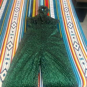 Lulu’s Halter Ego Emerald Green Sequin Cutout Halter Wide-Leg Jumpsuit